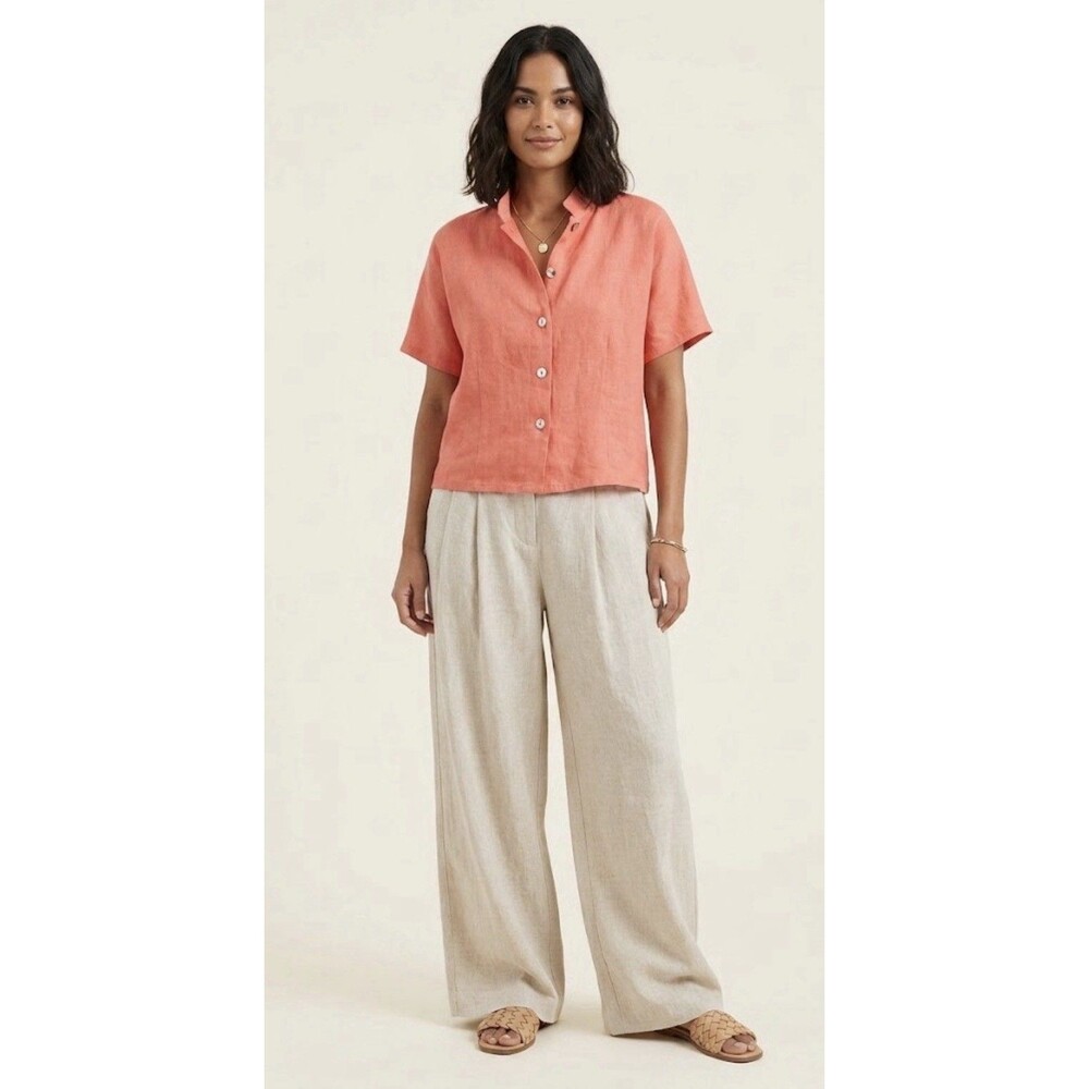 Bryn Walker Top Women M Pink 100% Linen Boxy Short Sleeve Button Up Beachy